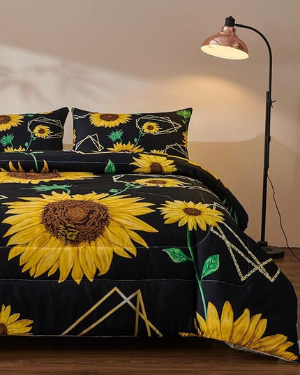 Sunflower Comforter Sets,Seamless Pattern with Golden Polygonal Shapes and Sunflowers in Watercolor Style,Decorative Bedding Comforter Sets with 2 Pillow Shams, Twin Size - LeafyLoom