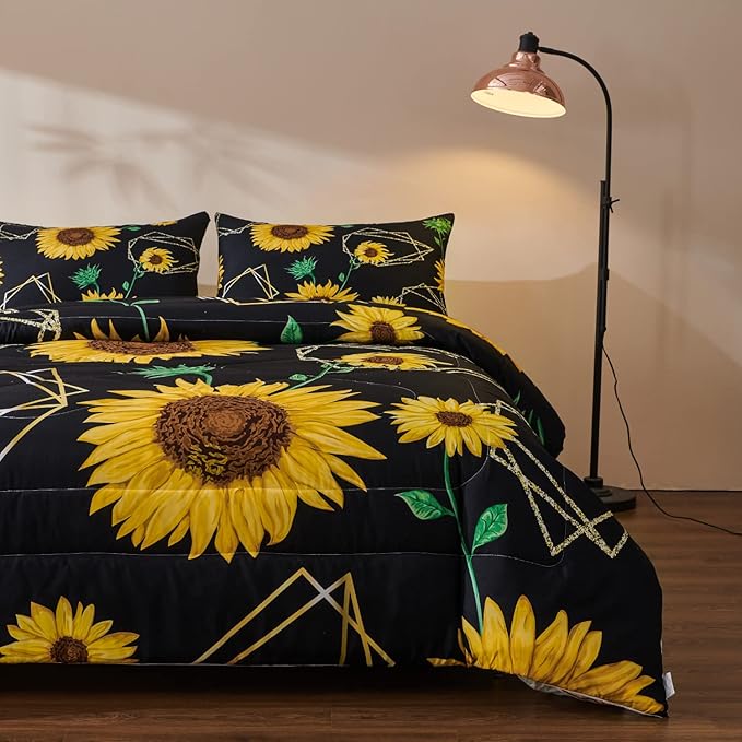 Sunflower Comforter Sets,Seamless Pattern with Golden Polygonal Shapes and Sunflowers in Watercolor Style,Decorative Bedding Comforter Sets with 2 Pillow Shams, Twin Size - LeafyLoom
