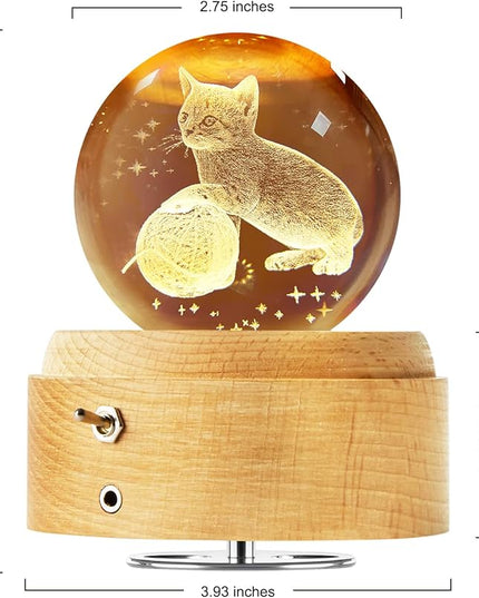 Best Mothers Day Gifts for Mom Women Wife Girlfriend Grandma, 3D Cat No.2 Crystal Ball Music Box with LED Night Lamp, Unique Mom Gifts for Birthday Graduation Christmas Valentine's Day Anniversary - LeafyLoom