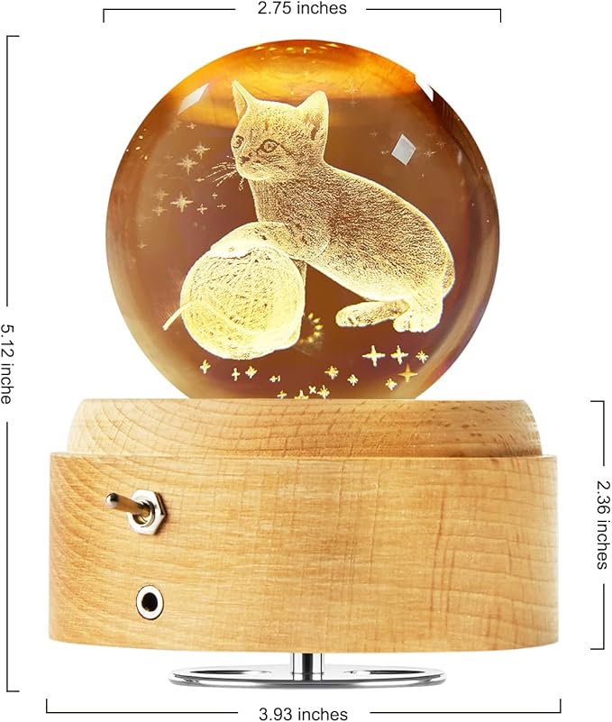 Best Mothers Day Gifts for Mom Women Wife Girlfriend Grandma, 3D Cat No.2 Crystal Ball Music Box with LED Night Lamp, Unique Mom Gifts for Birthday Graduation Christmas Valentine's Day Anniversary - LeafyLoom