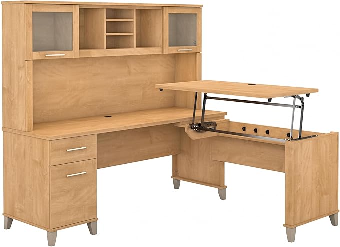 Bush Furniture Somerset 3 Position Sit to Stand L Shaped Desk with Hutch in Maple Cross Ergonomic Height Adjustable Standing Computer/Laptop Table for Home Office - LeafyLoom