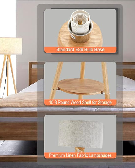 Wood Tripod Floor Lamp with Shelves,Linen Shade Modern Mid Century Wooden Standing Floor lamp for Living Room,with Three Color temparature Bulb Included,ETL Listed/Natural Wood Color - LeafyLoom