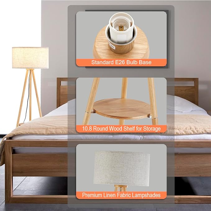 Wood Tripod Floor Lamp with Shelves,Linen Shade Modern Mid Century Wooden Standing Floor lamp for Living Room,with Three Color temparature Bulb Included,ETL Listed/Natural Wood Color - LeafyLoom