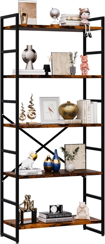 Walsunny Bookshelf, 5 Tier Bookshelves, Home Office Bookcase Shelf Storage Organizer, Free Standing Storage Shelving Unit for Bedroom, Living Room and Home Office,Rustic Brown - LeafyLoom