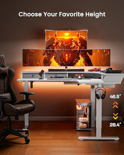 ErGear 65'' L Shaped Standing Desk for Gaming, [3 Drawers & 2 Cable Management Trays] Corner Stand up Desk [Compatible w/C-Clamp Mount] Height Adjustable for Home Office, White - LeafyLoom