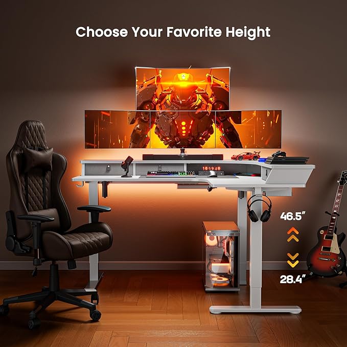 ErGear 65'' L Shaped Standing Desk for Gaming, [3 Drawers & 2 Cable Management Trays] Corner Stand up Desk [Compatible w/C-Clamp Mount] Height Adjustable for Home Office, White - LeafyLoom