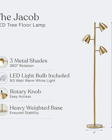 Brightech Jacob LED Standing Lamp, Modern Bright Floor Lamps for Living Rooms & Bedrooms, Tall LED Lighting Lamp with Adjustable 3 Light Tree – Antique Brass/Gold - LeafyLoom
