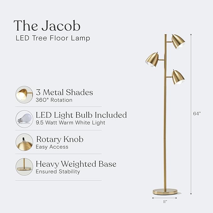 Brightech Jacob LED Standing Lamp, Modern Bright Floor Lamps for Living Rooms & Bedrooms, Tall LED Lighting Lamp with Adjustable 3 Light Tree – Antique Brass/Gold - LeafyLoom