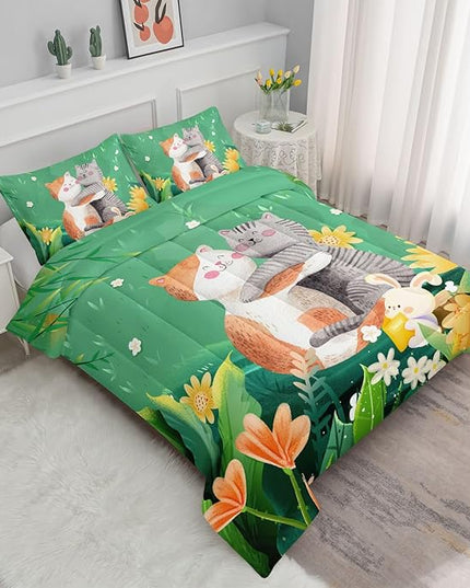 Datura home Cute Cat Kids Comforter Bedding Set for Boys Girls, Watercolor Cat Forest Rabbit and Flower Print Comforter with 2 Pillowcases(Cute Cat Queen) - LeafyLoom