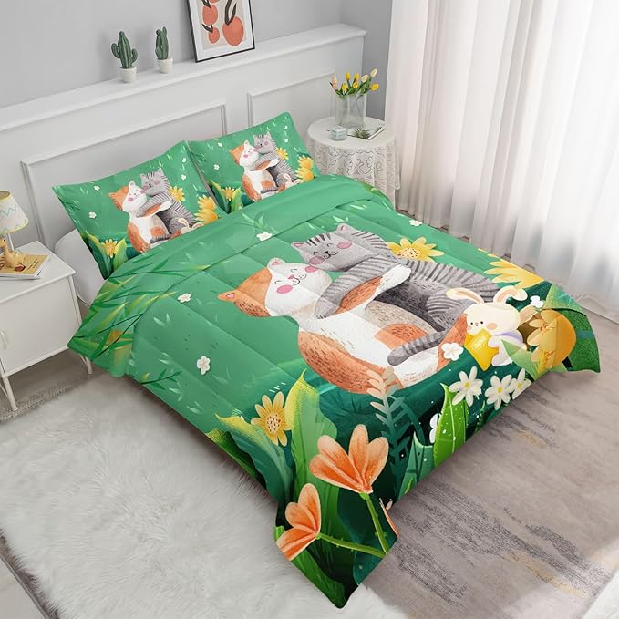 Datura home Cute Cat Kids Comforter Bedding Set for Boys Girls, Watercolor Cat Forest Rabbit and Flower Print Comforter with 2 Pillowcases(Cute Cat Queen) - LeafyLoom