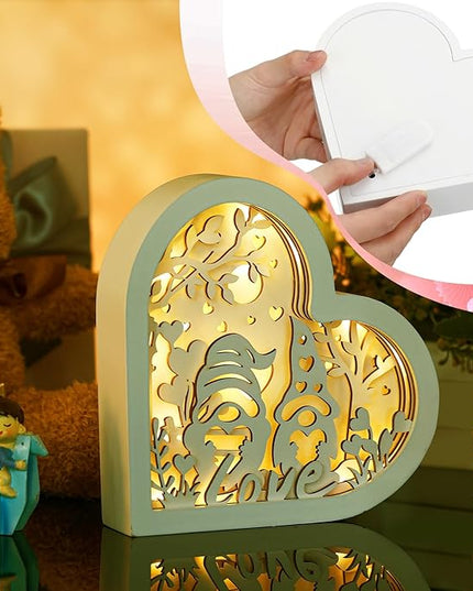 Valentine's Day LED Wooden Heart Light Sign 7 inch Light Up Heart Table Block Love Wood Lantern Shadow Box Gnome Shaped Tabletop Centerpiece for Wedding Engagement Shelf Desk Decoration - LeafyLoom