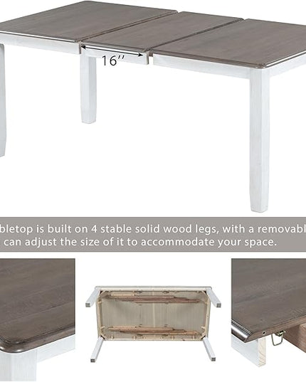 Retro Style 7-Piece Dining Set with Solid Wood Extendable Table and 6 Upholstered Chairs, for Kitchen, Living Room, Home Bar, Easy to Assemble, Brown+White - LeafyLoom