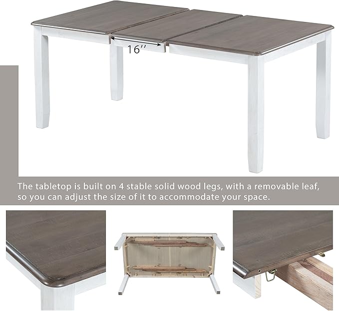 Retro Style 7-Piece Dining Set with Solid Wood Extendable Table and 6 Upholstered Chairs, for Kitchen, Living Room, Home Bar, Easy to Assemble, Brown+White - LeafyLoom