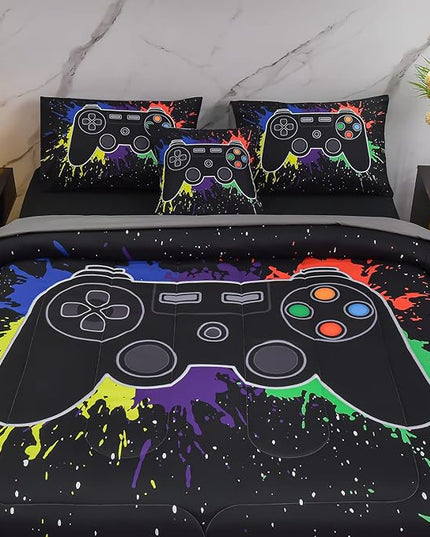 6Pcs Gamer Comforter Set with Sheets for Boys Girls Kids Teens, Colorful Graffiti Gaming Themed Bed in A Bag Twin Size, Black 3D Video Game Controller Bedroom Decor Bedding Set - LeafyLoom