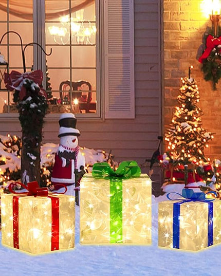 [Large 8.5"x7"x6" Christmas Set of 3 Lighted Gift Boxes Decorations Pre-lit 70 Super-Bright LED with Flashers,for Indoor Outdoor Christmas Tree Skirt Ornament Pathway Holiday Party Home GLOWNOVA