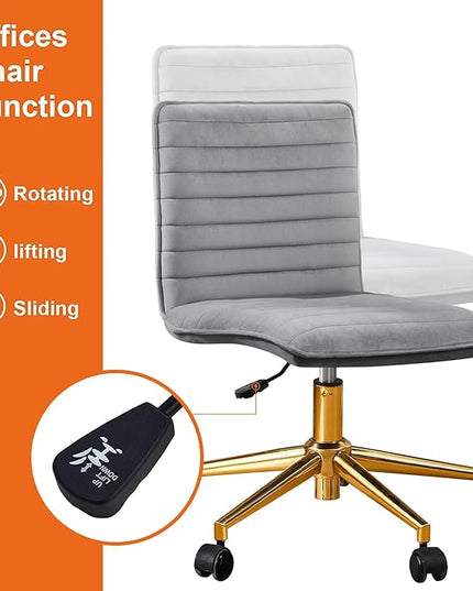 Furniliving Home Office Chair, Armless Vanity Chair with Wheels Swivel Velvet Computer Rolling Desk Chair with Back, Adjustable Accent Chair with Gold Metal Base Stool Chair,Gray - LeafyLoom
