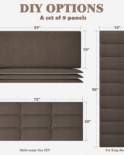 Queen Headboard, Wall Mounted Peel and Stick Headboard, Upholstered Tufted Bed Headboard for Queen Size Bed, Floating Dorm Bedroom Tall Headboard Soundproof Wall Panels (9 Panels, 10"x24") - LeafyLoom