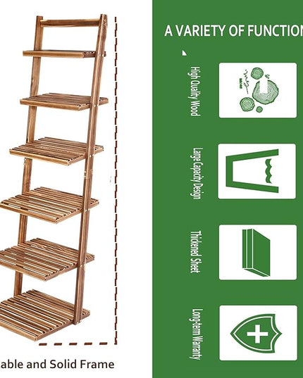 HYNAWIN 6 tier bookshelf ladder shelf-Large Bamboo Storage Shelves Wall Leaning Shelf for Garage, Kitchen, Office,Corner Display Bookcase - LeafyLoom