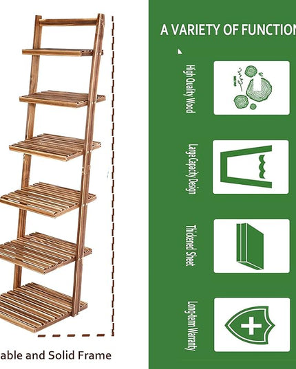 HYNAWIN 6 tier bookshelf ladder shelf-Large Bamboo Storage Shelves Wall Leaning Shelf for Garage, Kitchen, Office,Corner Display Bookcase - LeafyLoom