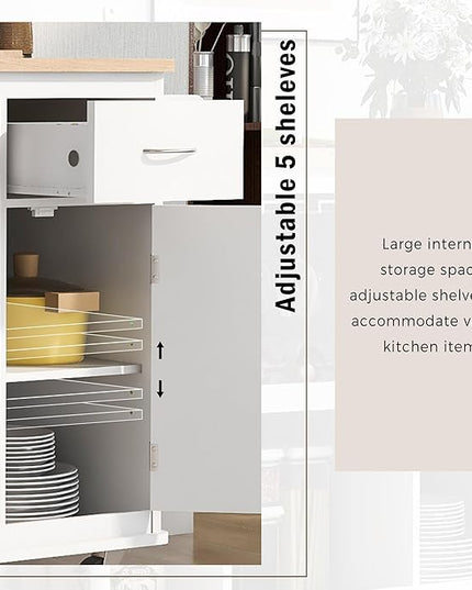 Kitchen Island Cabinet with Side Storage & Rubber Wood Top, Multipurpose Mobile Cart On Wheels w/Wine Rack and Adjustable Shelves for Dining Room, Home, Bar - LeafyLoom