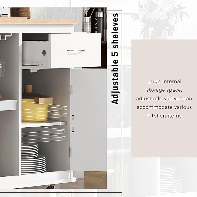Kitchen Island Cabinet with Side Storage & Rubber Wood Top, Multipurpose Mobile Cart On Wheels w/Wine Rack and Adjustable Shelves for Dining Room, Home, Bar - LeafyLoom