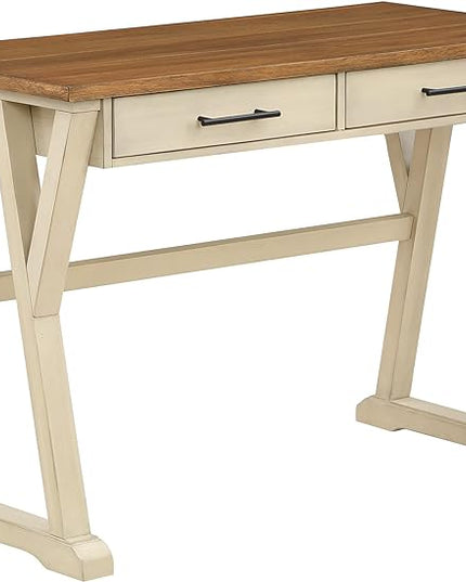 OSP Home Furnishings Jericho Rustic 42 Inch Writing Desk with 2 Drawers and Burnished Decorative Hardware, Antique White - LeafyLoom