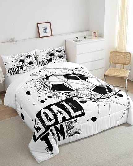 Erosebridal Kids Football Comforter Set Full Size American Soccer Bedding Set Sports Games Duvet Sets for Boys Girls Children Teens Geometric Polygon Down Comforter for Bedroom, Black White - LeafyLoom