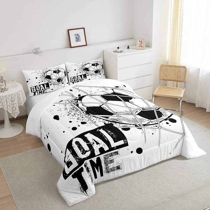 Erosebridal Kids Football Comforter Set Full Size American Soccer Bedding Set Sports Games Duvet Sets for Boys Girls Children Teens Geometric Polygon Down Comforter for Bedroom, Black White - LeafyLoom