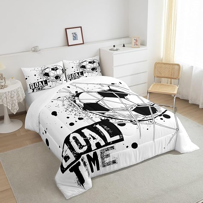 Erosebridal Kids Football Comforter Set Queen Size American Soccer Bedding Set Sports Games Duvet Sets for Boys Girls Children Teens Geometric Polygon Down Comforter for Bedroom, Black White - LeafyLoom