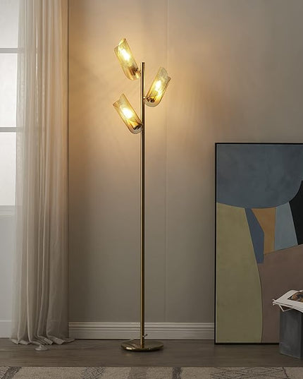 Brightech Lyra LED Tree Floor Lamp for Mid-Century Modern, Contemporary, Industrial Décor, 3 Light Head Standing Lamp with Metal Cage Shade, Standing Pole Tall Lamp for Living Room, Bedroom - Brass - LeafyLoom