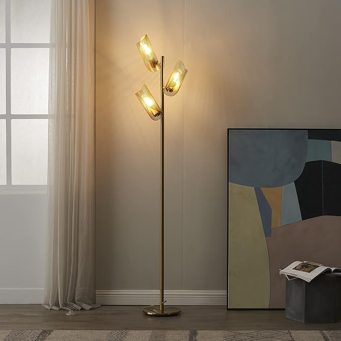 Brightech Lyra LED Tree Floor Lamp for Mid-Century Modern, Contemporary, Industrial Décor, 3 Light Head Standing Lamp with Metal Cage Shade, Standing Pole Tall Lamp for Living Room, Bedroom - Brass - LeafyLoom