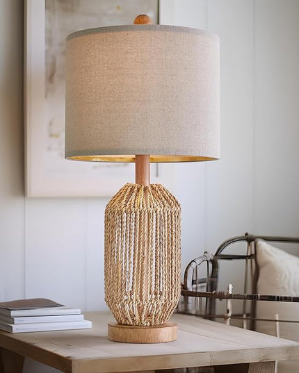 OYEARS 21" Boho Table Lamp for Living Room, Bedside Lamp for Nightstands, Rattan Lamp for Bedroom, Farmhouse Table Lamp for Room Decor, End Table, Retro, Brown, 1 Pack - LeafyLoom