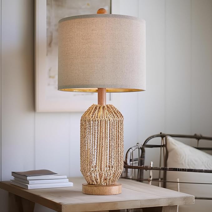 OYEARS 21" Boho Table Lamps Set of 2 for Living Room, Bedside Lamps for Nightstand, Rattan Lamp for Bedroom, Farmhouse Table Lamps for Boho Decor, End Table, Retro, Brown - LeafyLoom