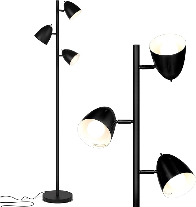 Brightech Jacob LED Standing Lamp, Modern Bright Floor Lamps for Living Rooms & Bedrooms, Tall LED Lighting Lamp with Adjustable 3 Light Tree – Classic Black - LeafyLoom