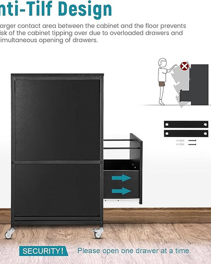 Lateral File Cabinet, 2 Drawer Mobile Filing Cabinet with Outlet, Open Storage Side Shelves, Locking Drawer Fits A4/Letter/Legal Size File Cabinets for Home Office, Black - LeafyLoom