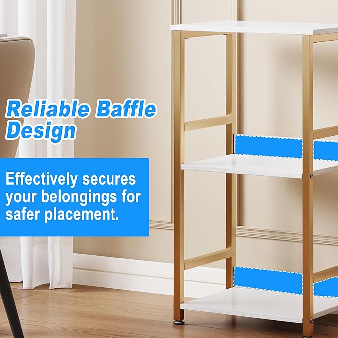Small Bookshelf for Small Spaces, 3 Tier White and Gold Bookcase Night Stand, Narrow Gold Bedside Book Shelf, Short Bookshelf Storage Organizer for Bedroom, Living Room, Home, Office, White&Gold - LeafyLoom
