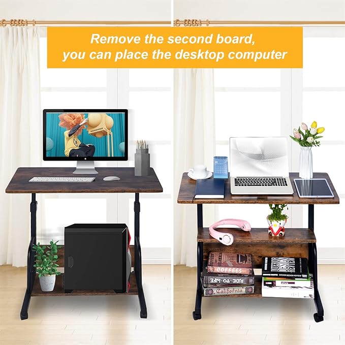 Portable Rolling Desk Adjustable Laptop Desk Small Standing Desk Home Office Desks for Small Spaces Table, 31.5" Rustic Uplift Study Desk Mobile Computer Work Desk on Wheels - LeafyLoom