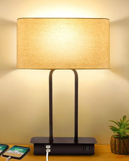 3-Way Dimmable Touch Control Table Lamp with 2 USB Ports and AC Power Outlet Modern Bedside Nightstand Lamp Fabric Shade and Metal Base for Guestroom Bedroom Living Room LED Bulb Included Warm White - LeafyLoom