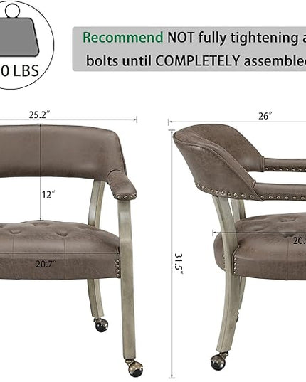 Large Dining Chairs with Casters and Arms, Rolling Dining Chairs with Wheels, Solid Wood Boss Caption's Chairs Office Chairs, 26"D x 25.2"W x 31.5"H, Soft Grey Legs & Dark Brown SY-1318-DK - LeafyLoom