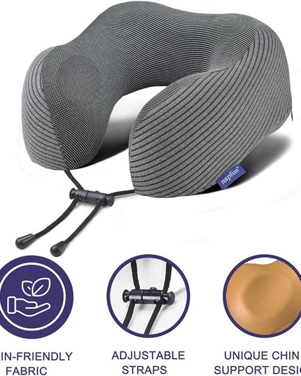napfun Travel Pillow, 100% Pure Memory Foam Neck Pillows for Travel Airplane Headrest Flight Plane Accessories, Deep Grey, Medium (120-200LB) - LeafyLoom