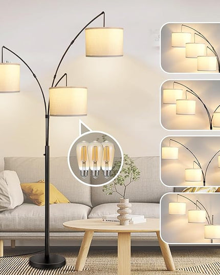 Dimmable Arc Floor Lamps for Living Room Modern 3 Lights Floor Lamp, Mid Century Tall Standing Reading Lamp 360° Adjustable Hanging Beige Shades for Bedroom Office Include Bulbs - LeafyLoom