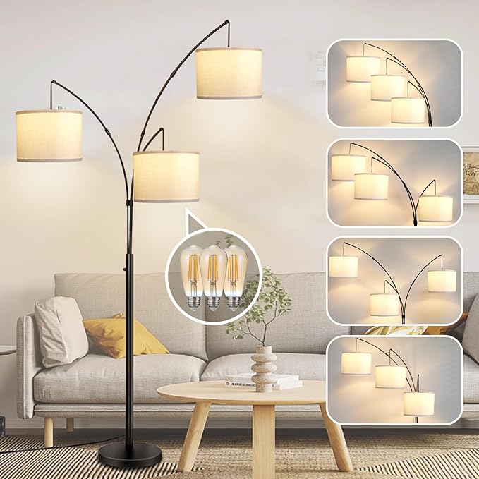 Dimmable Arc Floor Lamps for Living Room Modern 3 Lights Floor Lamp, Mid Century Tall Standing Reading Lamp 360° Adjustable Hanging Beige Shades for Bedroom Office Include Bulbs - LeafyLoom