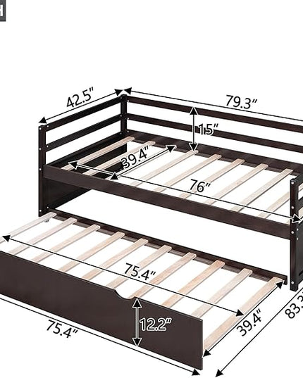 Twin Size Daybed with 2 Trundle,Multifunction Solid Wood Bed Frame,W/Wooden Slat Support,No Box Spring Needed,for Bedroom Apartment,Guest room,Espresso - LeafyLoom