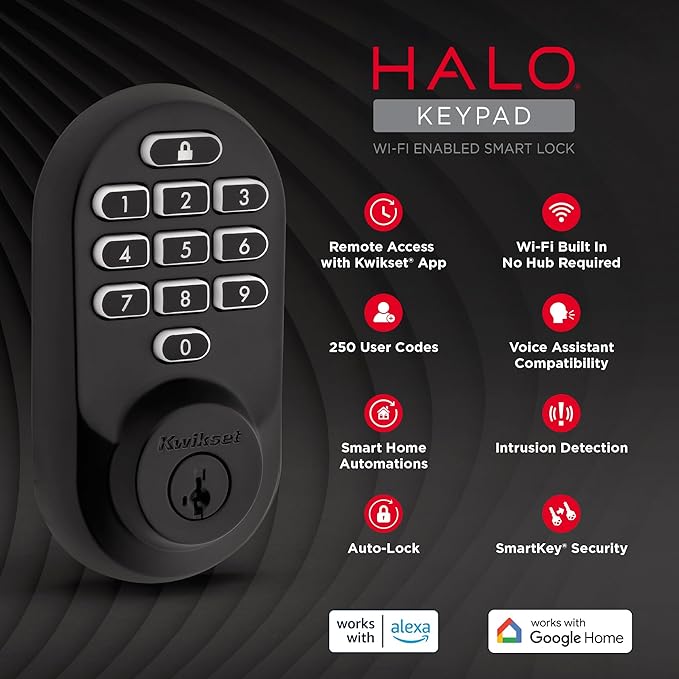 Kwikset Halo Wi-Fi Smart Lock, Keyless Entry Door Deadbolt, Geofence Auto-Unlock, Grade AAA Certified, No Hub Easy Install, Matte Black Lifetime Finish Warranty, Backlit Keypad Kwikset