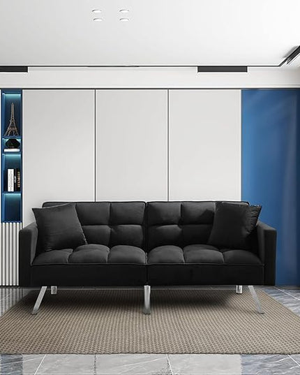 Futon Sofa Bed Living Room Furniture Sets 74" Modern Convertible Folding Lounge Couch Loveseat Daybed Upholstered Sofá with 2 Pillows for Bedroom Apartment,Home Office,Black - LeafyLoom