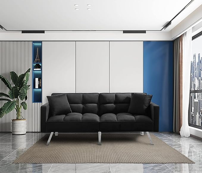 Futon Sofa Bed Living Room Furniture Sets 74" Modern Convertible Folding Lounge Couch Loveseat Daybed Upholstered Sofá with 2 Pillows for Bedroom Apartment,Home Office,Black - LeafyLoom