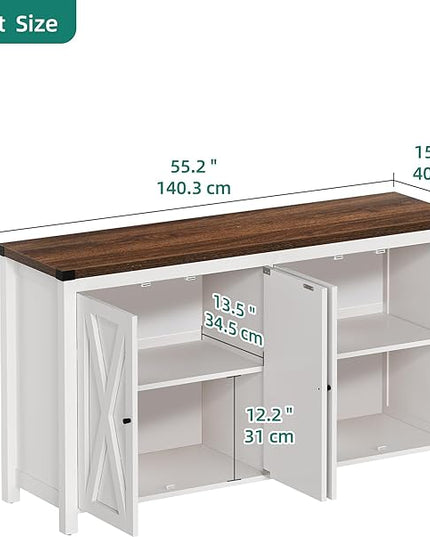 YITAHOME Farmhouse Sideboard Buffet Cabinet with Storage with 4 Doors, 55'' Large Kitchen Storage Cabinet, Wood Coffee Bar Cabinet with Adjustable Shelf for Kitchen, Living Room, White - LeafyLoom