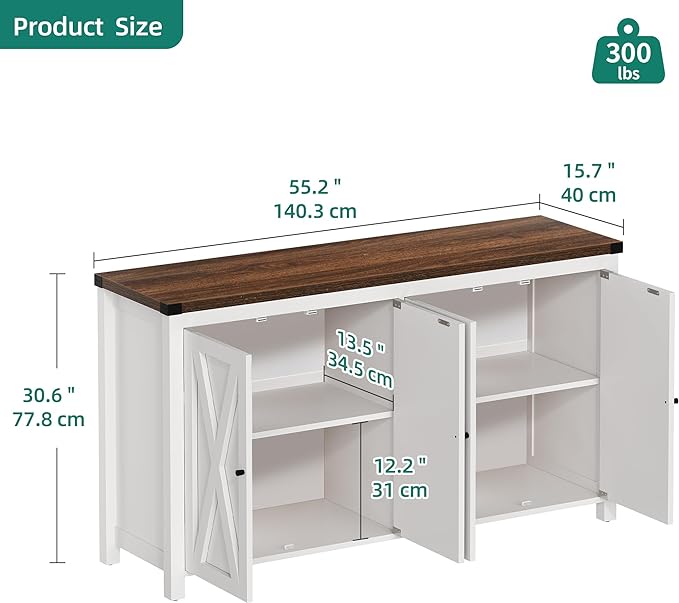 YITAHOME Farmhouse Sideboard Buffet Cabinet with Storage with 4 Doors, 55'' Large Kitchen Storage Cabinet, Wood Coffee Bar Cabinet with Adjustable Shelf for Kitchen, Living Room, White - LeafyLoom