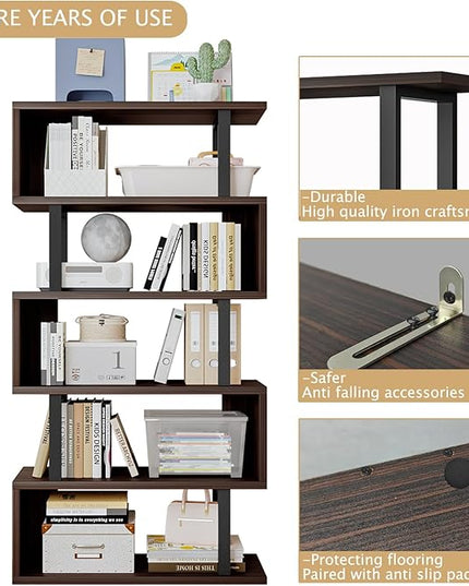 Bookshelf geometric bookcase S Shaped industrial bookshelf Storage Display Stand Shelf for Living Room Bedroom and office Room (Black, 5 Tier) - LeafyLoom