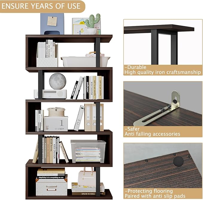 Bookshelf geometric bookcase S Shaped industrial bookshelf Storage Display Stand Shelf for Living Room Bedroom and office Room (Black, 5 Tier) - LeafyLoom